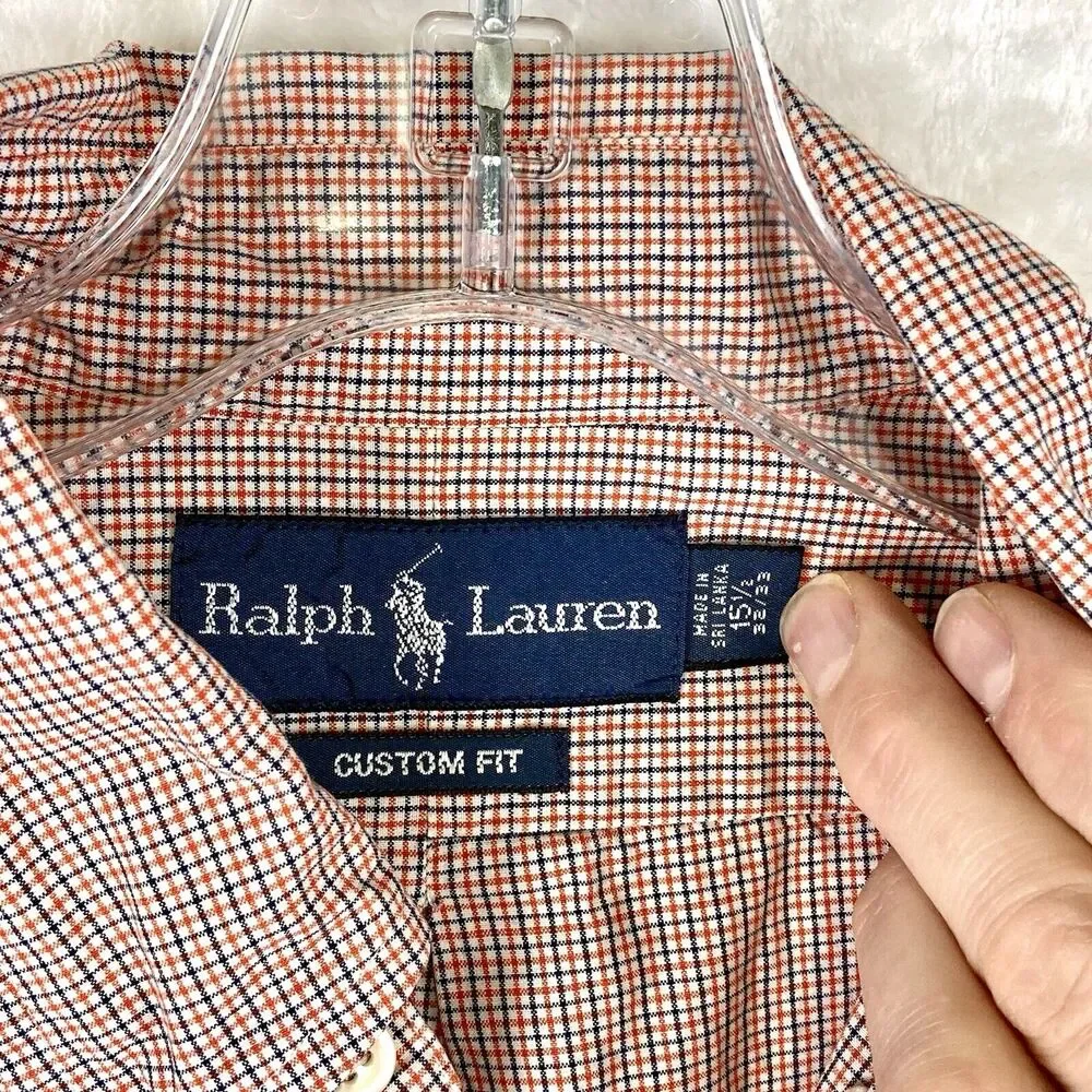 VTG Ralph Lauren Dress Shirt Men L 15.5 Red Blue Grid Micro Check Plaid Preppy